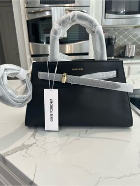 Veronica Beard Black Leather Top-Handle Satchel with Gold Hardware